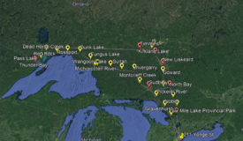 This is a map of Southern and Northern Ontario that shows the many stops on this summers roadtrip that stretched from Toronto to Thunder Bay