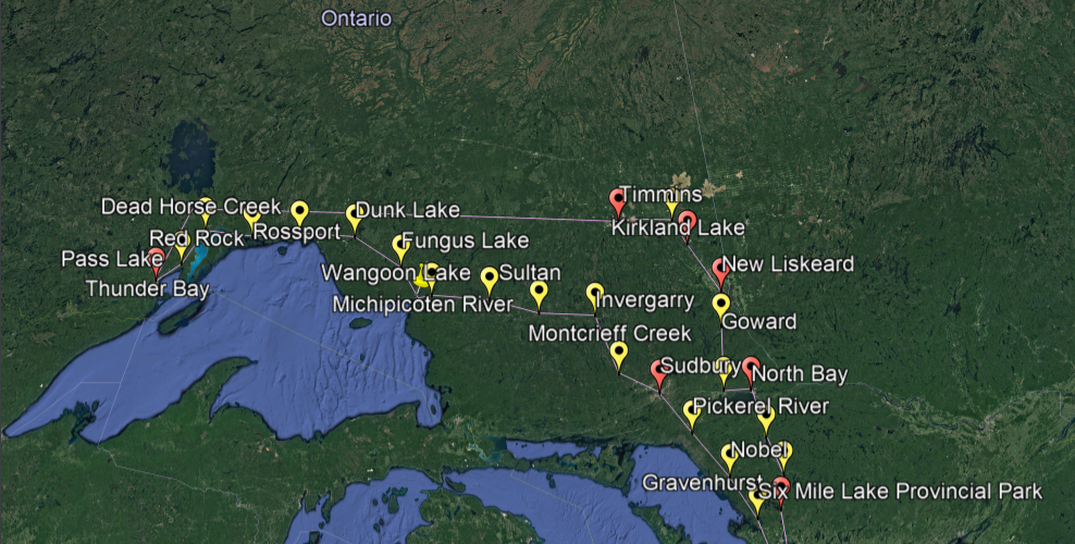 This is a map of Southern and Northern Ontario that shows the many stops on this summers roadtrip that stretched from Toronto to Thunder Bay