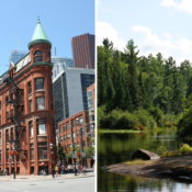 A double image of Downtown Toronto and Algonquin park